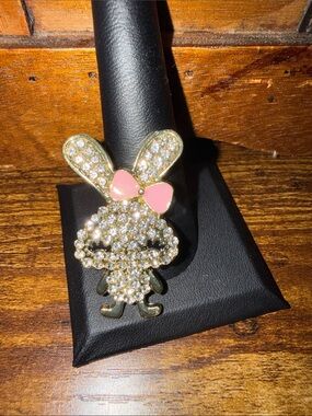 Sparkly Gold Tone Pave Rhinestone Bunny Brooch Pin 🎀 Pink Bow